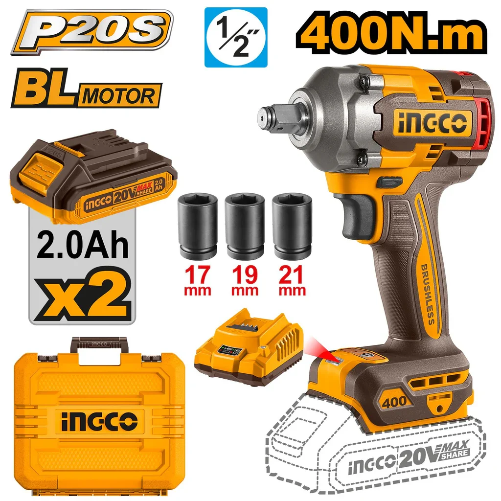 Boulonneuse à choc20V 400 Nm 2BATT sanscharbons SI INGCO